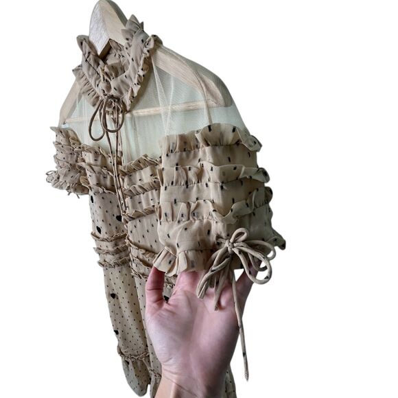 NBD Cherry Pie Mini Dress Sz M Nude Black Polka Dot Sequin Heart Ruffle Revolve - Picture 5 of 13